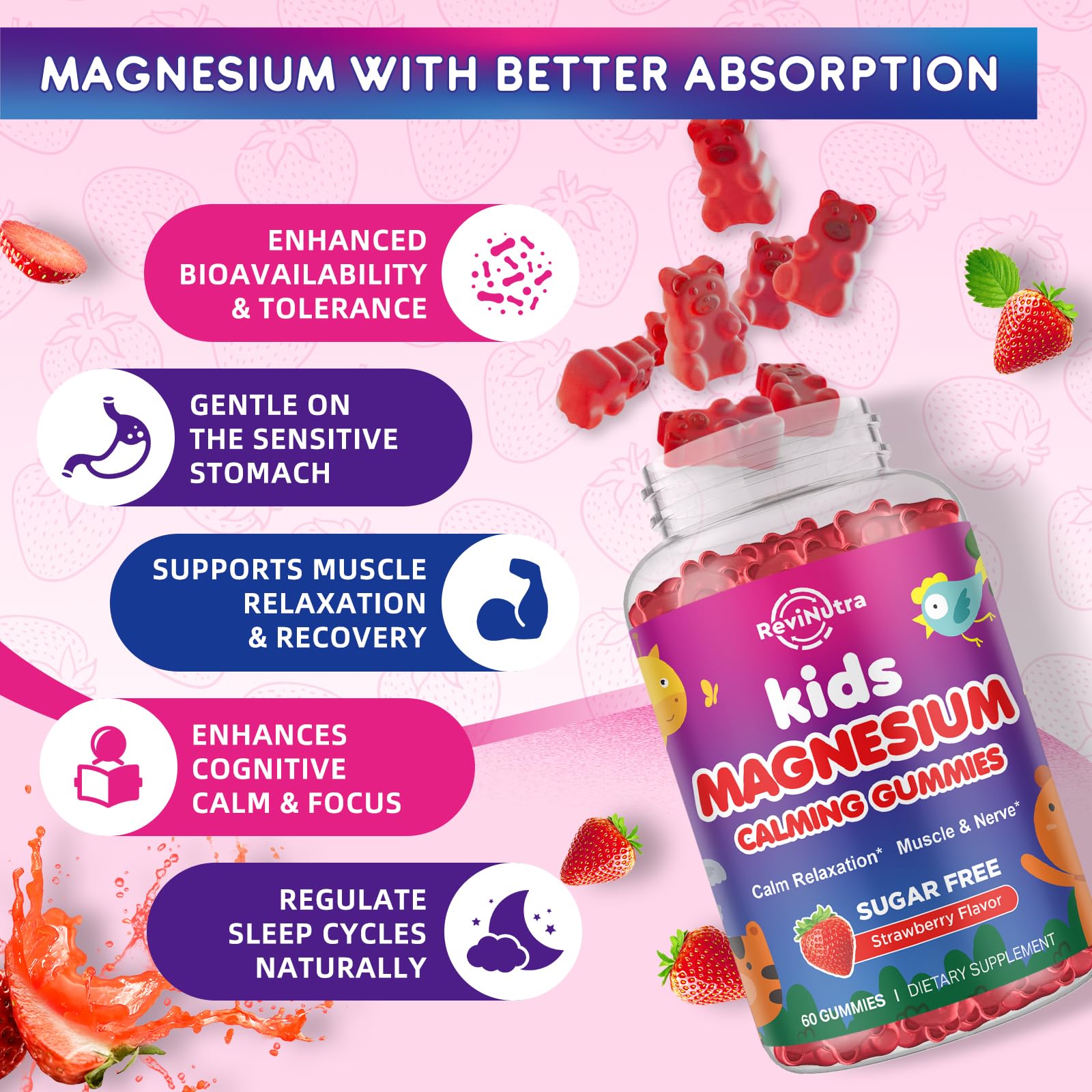 ReviNutra Magnesium Gummies with L-Theanine and chamomile promote relaxation.