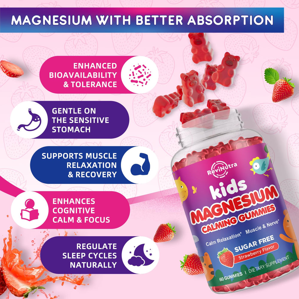 ReviNutra Magnesium Gummies with L-Theanine and chamomile promote relaxation.