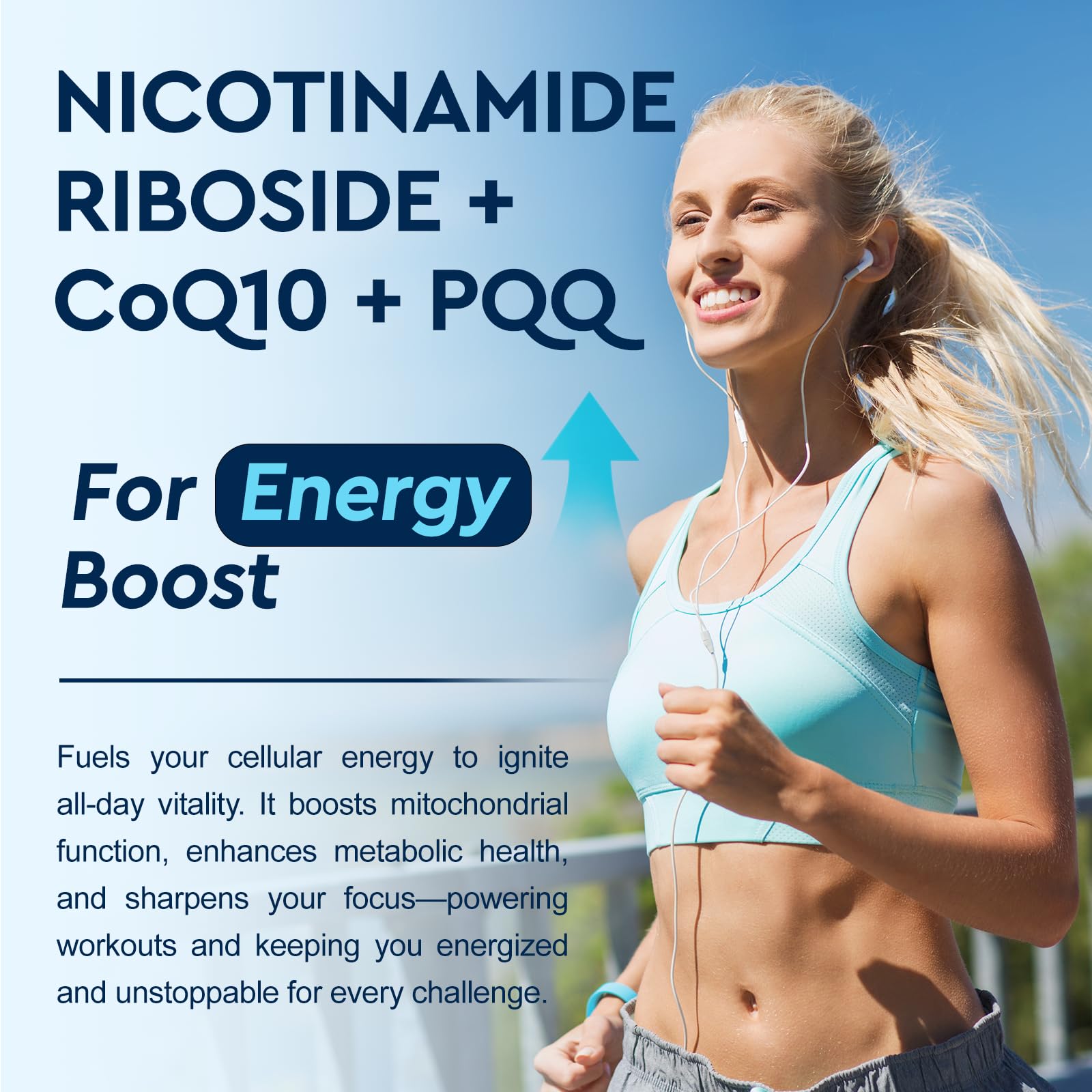 ReviNutra NAD+ with PQQ and CoQ10 molecules label emphasizes mitochondrial nutrients