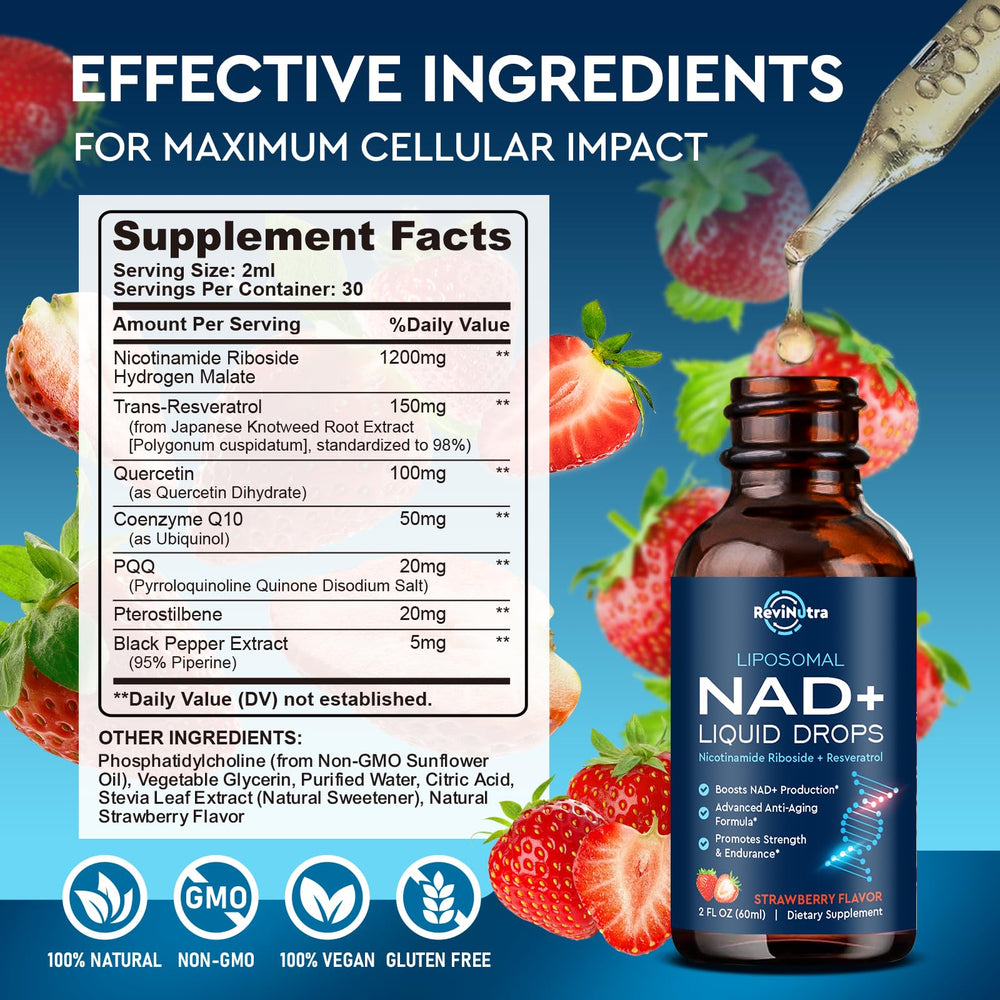 ReviNutra NAD+ strawberry flavor glass showcases tasty daily supplementation