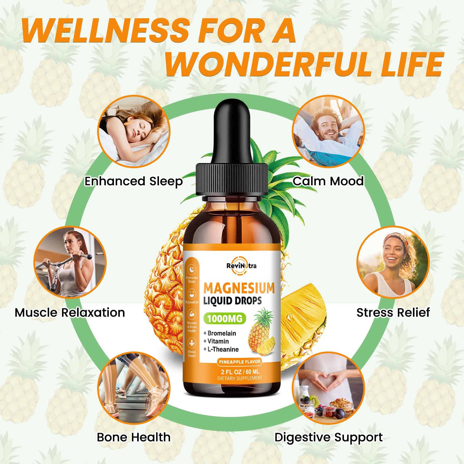 ReviNutra pineapple-flavored mg drops label highlights natural taste and formula.