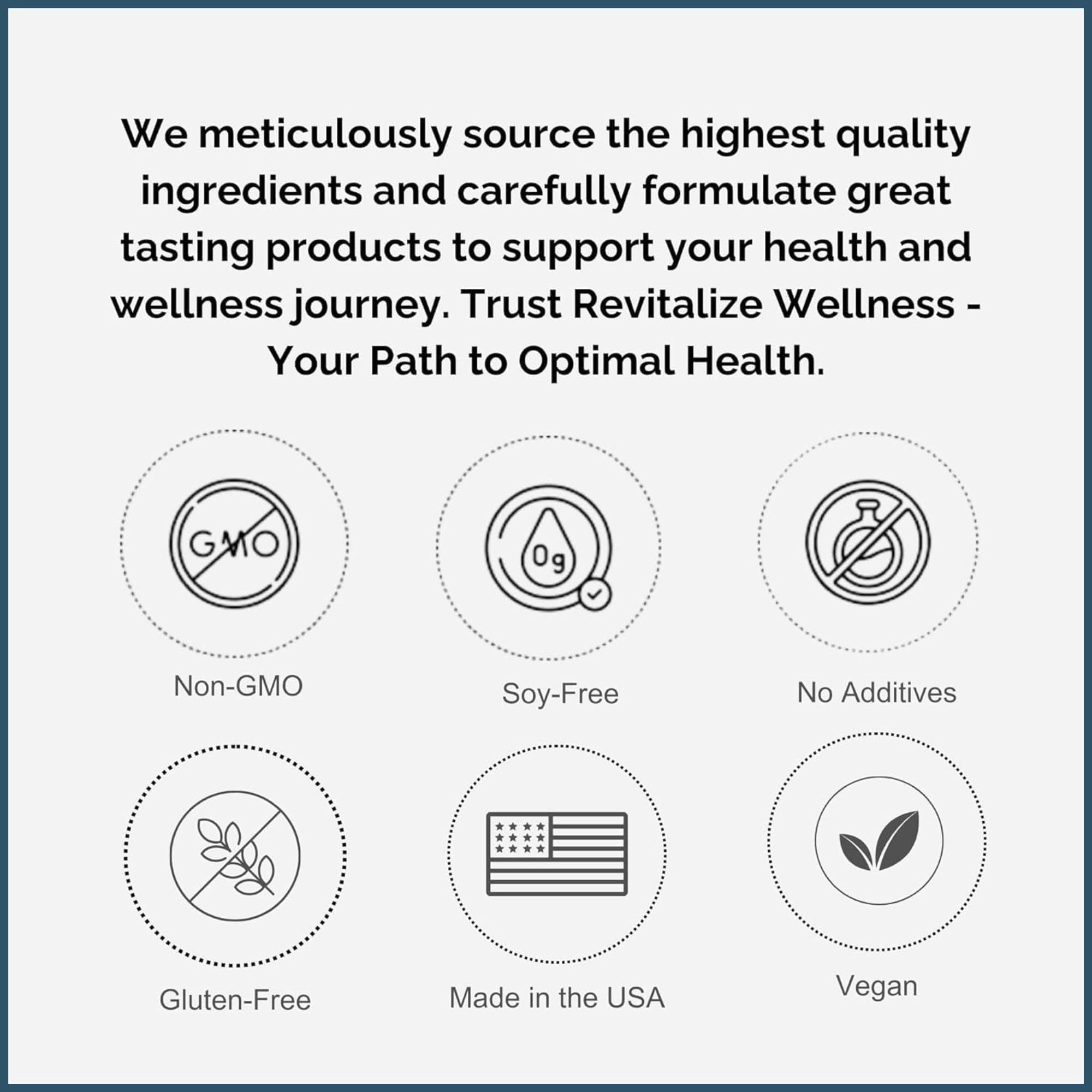 Revitalize Wellness packaging highlights non-GMO, corn-free, gluten-free formulation.