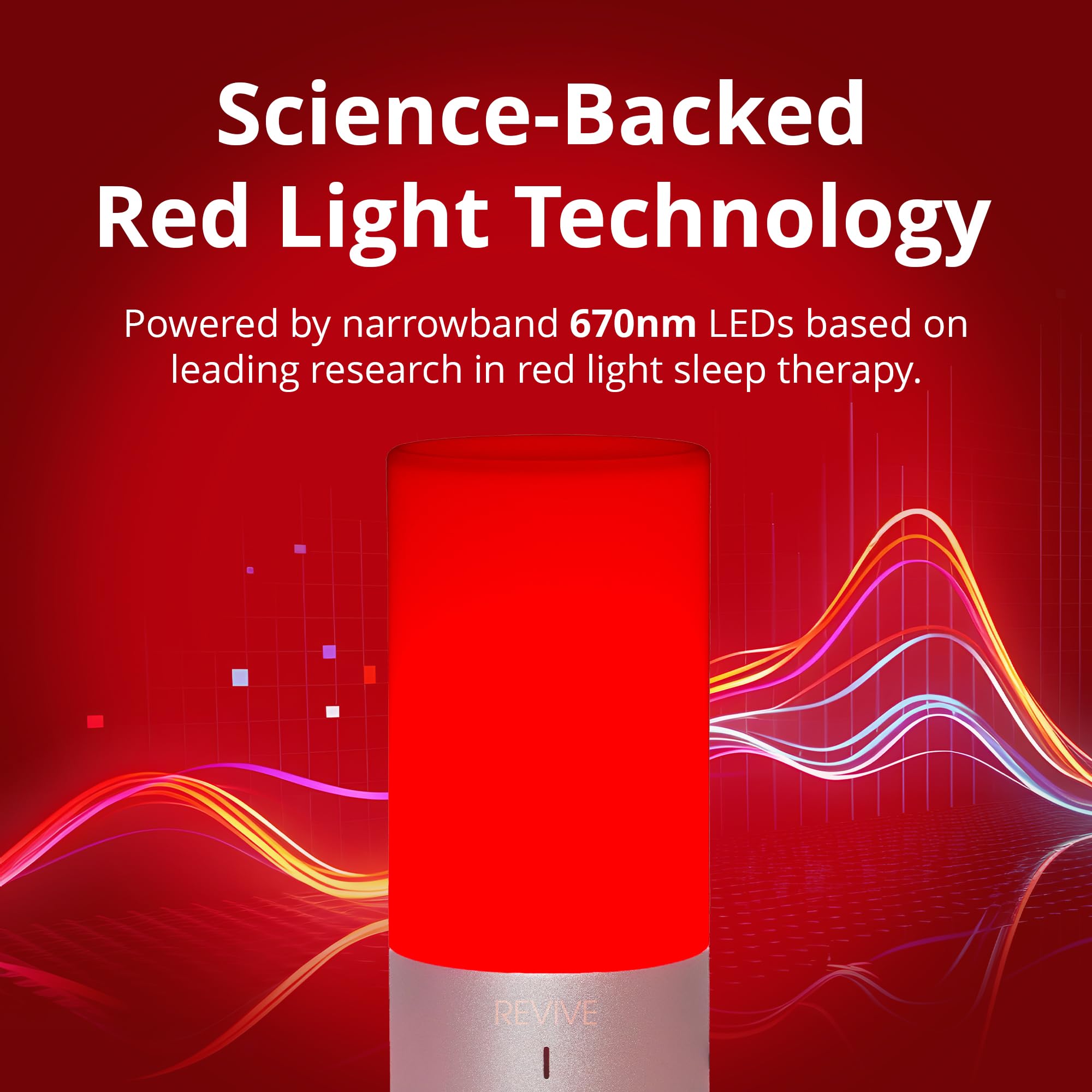 Revive 670nm red light close-up shows warm, sunset-like glow for winding down.