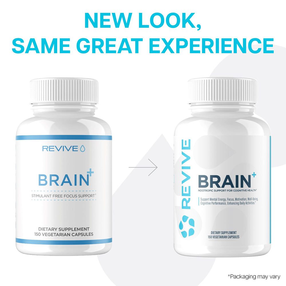 Revive MD Brain bottle on table beside a glass of water.