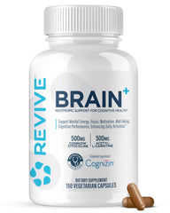 Revive MD Brain capsules bottle showing a 150-count bottle for daily cognitive support.