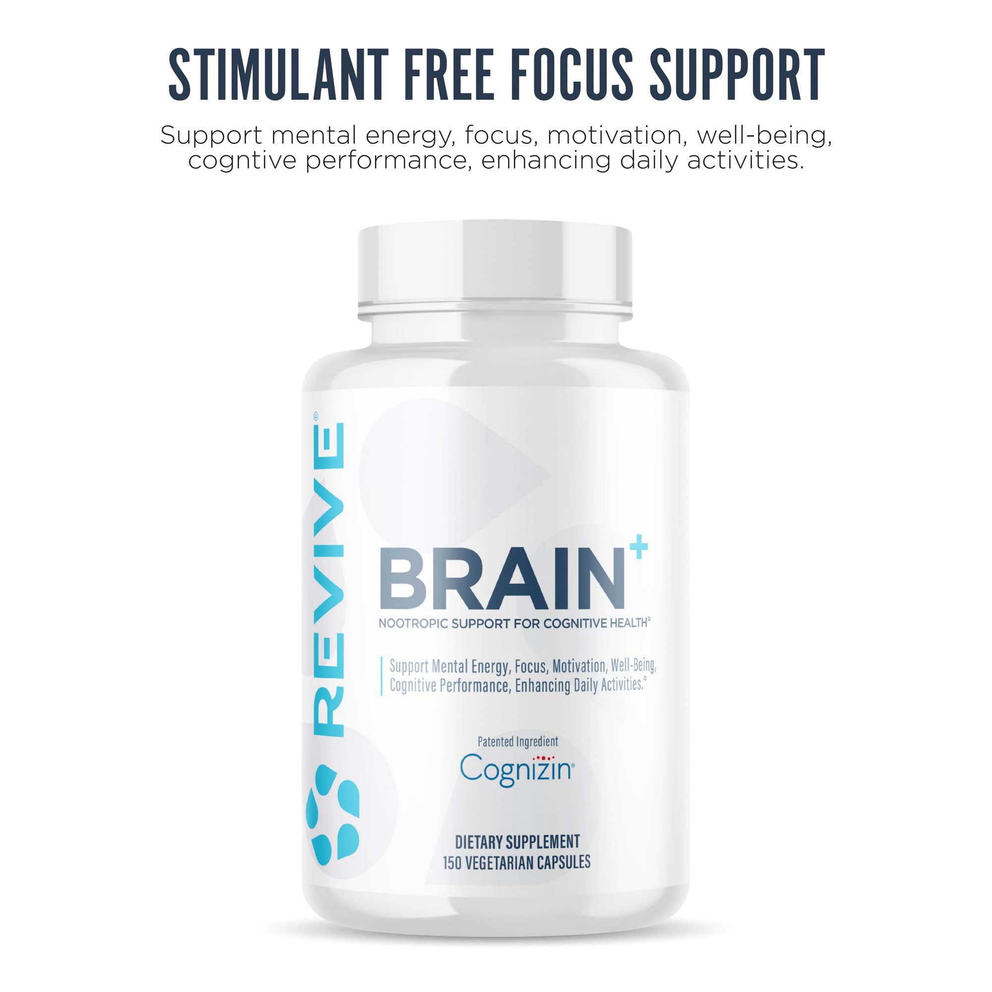 Closeup of Revive MD Brain capsules highlighting easy-to-swallow formula for focus.