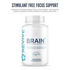 Closeup of Revive MD Brain capsules highlighting easy-to-swallow formula for focus.
