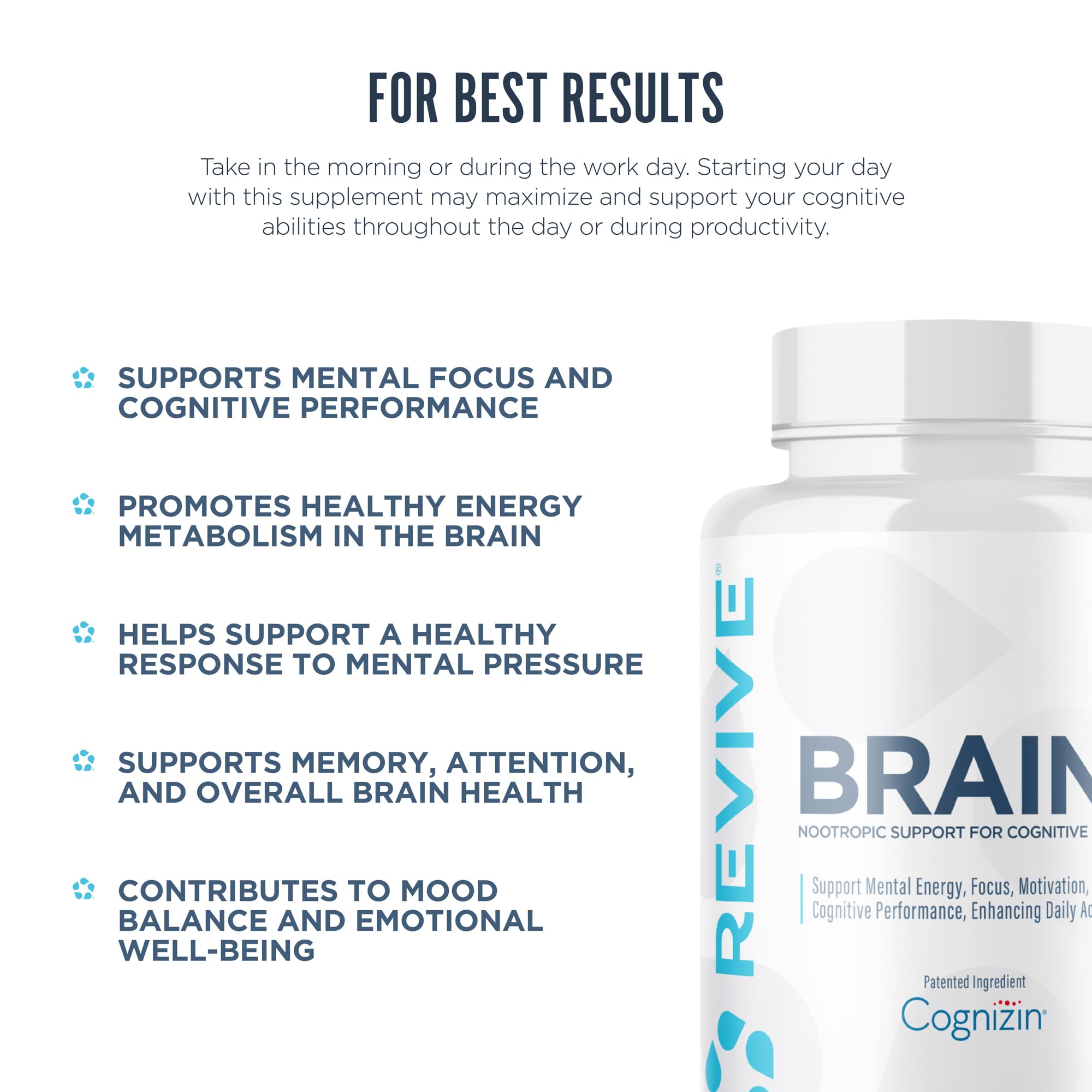 Ingredient panel on Revive MD Brain packaging highlights B vitamins and Alpha-GPC.