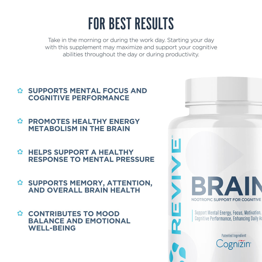 Ingredient panel on Revive MD Brain packaging highlights B vitamins and Alpha-GPC.