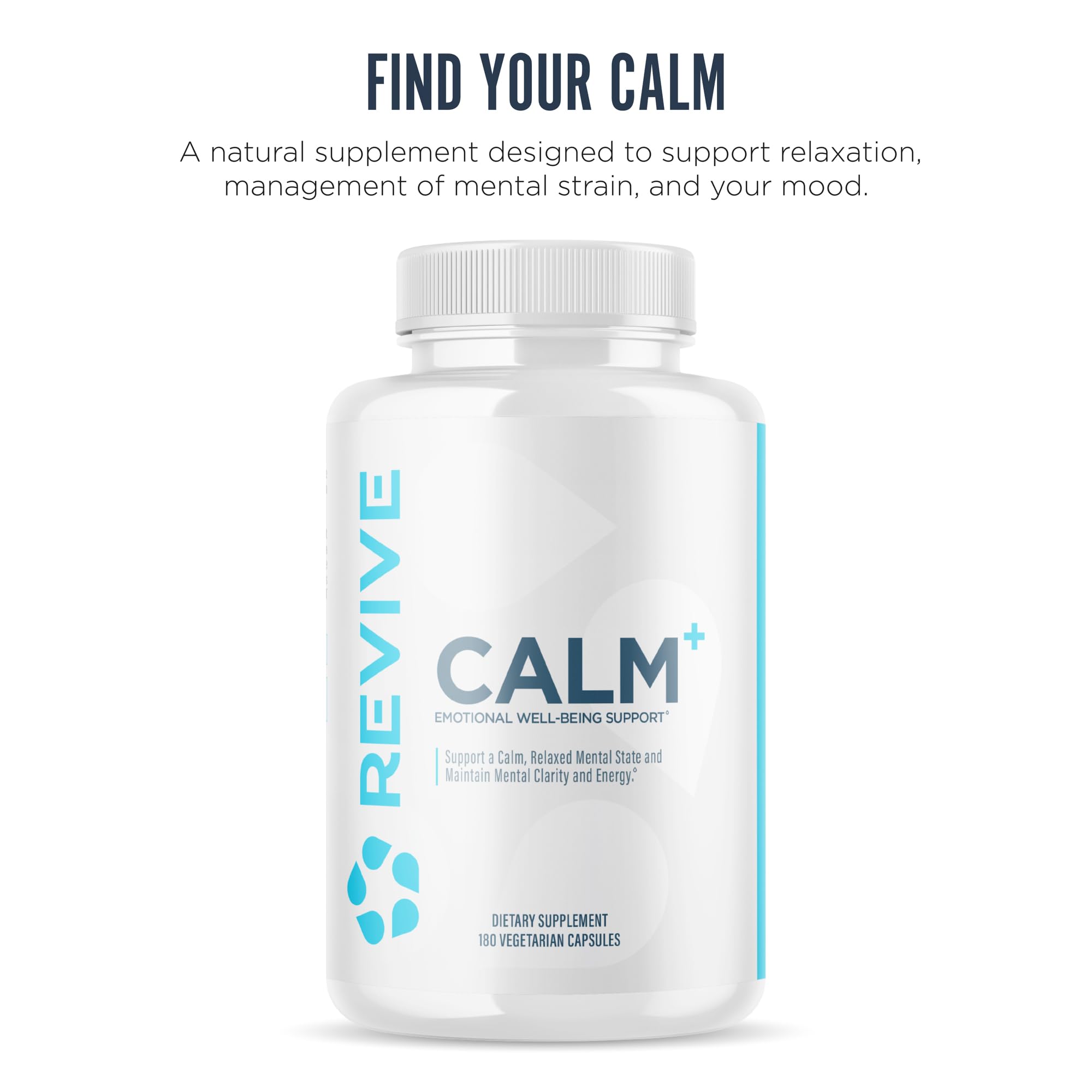 Closeup of Revive MD Calm capsules highlighting easy daily use.