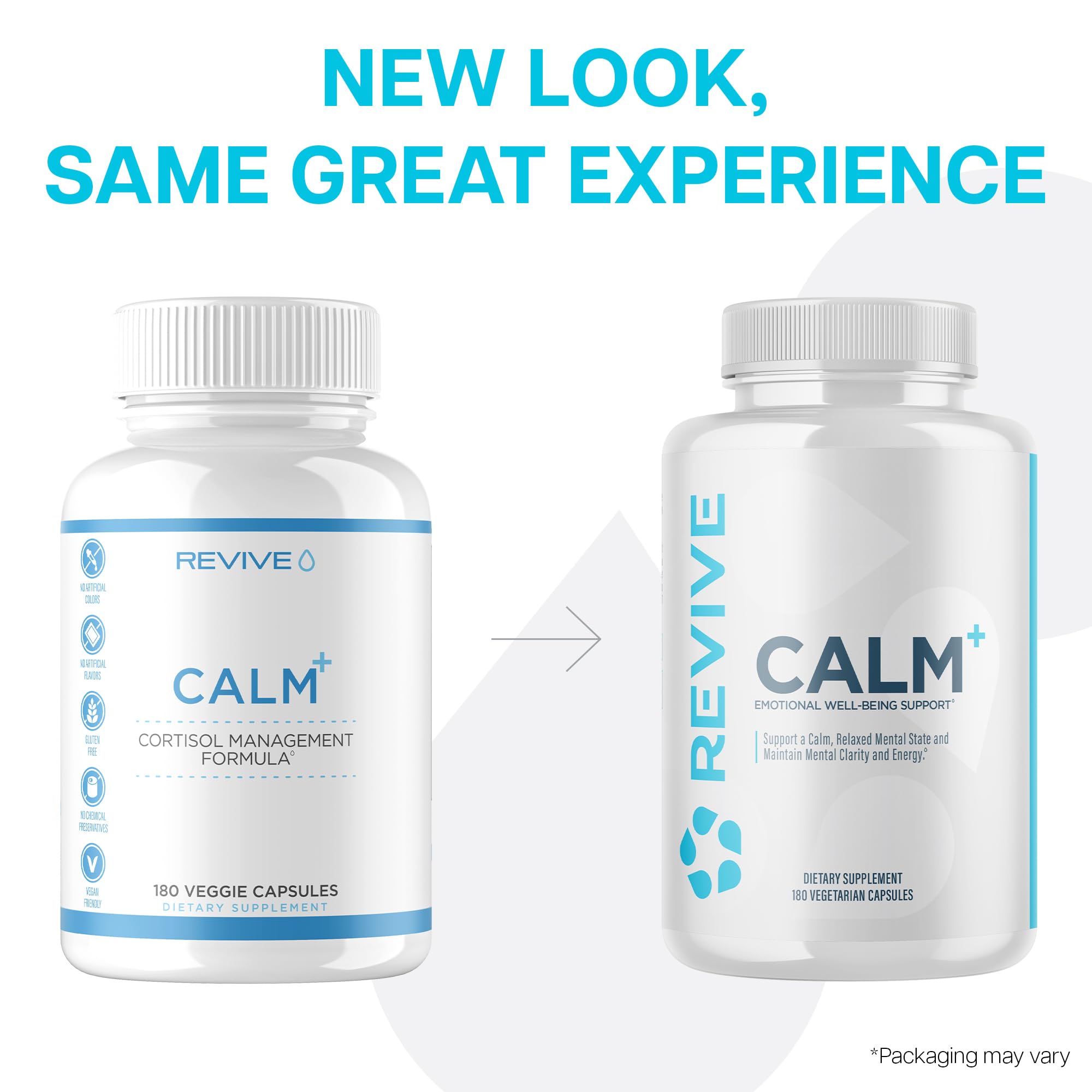 Glass with Revive MD Calm capsules implies calm focus during the day.