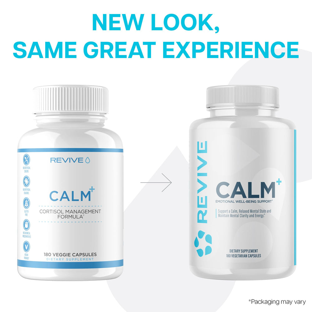 Glass with Revive MD Calm capsules implies calm focus during the day.