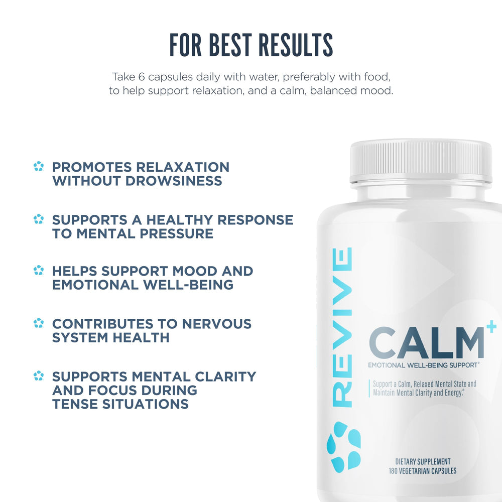 Revive MD Calm label packaging emphasizes natural ingredients and 30 servings.