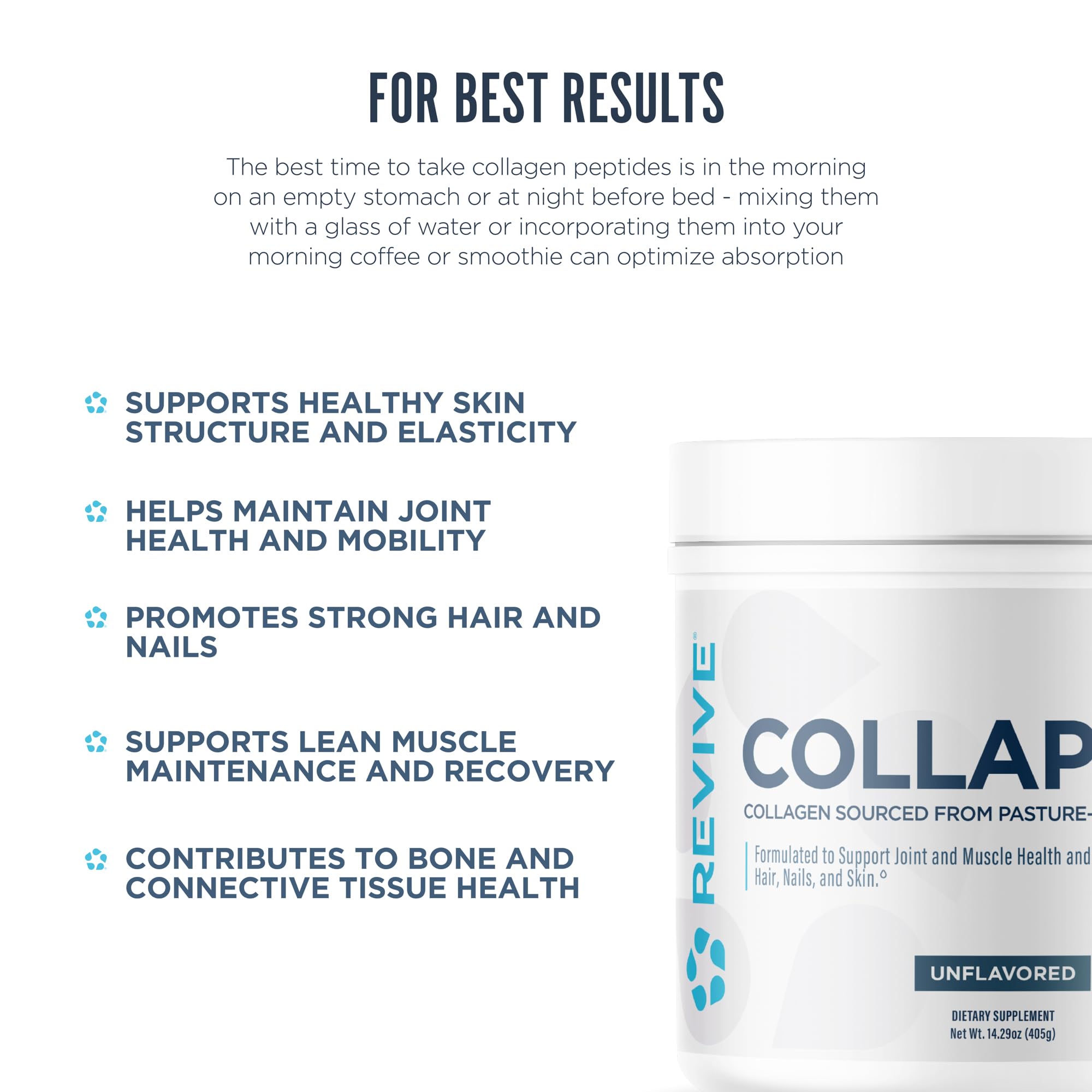 Hair, skin, and nails focus with Revive MD CollaPURE for everyday quality.