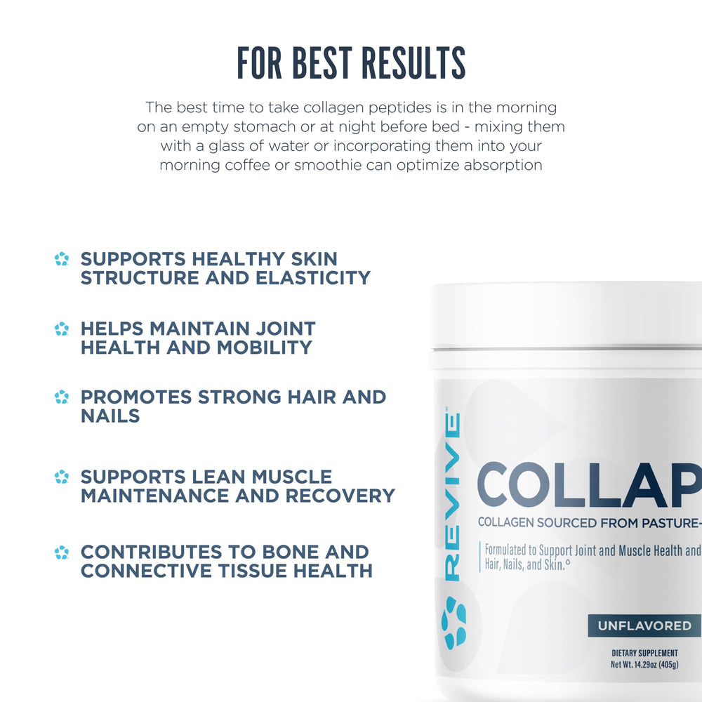 Hair, skin, and nails focus with Revive MD CollaPURE for everyday quality.