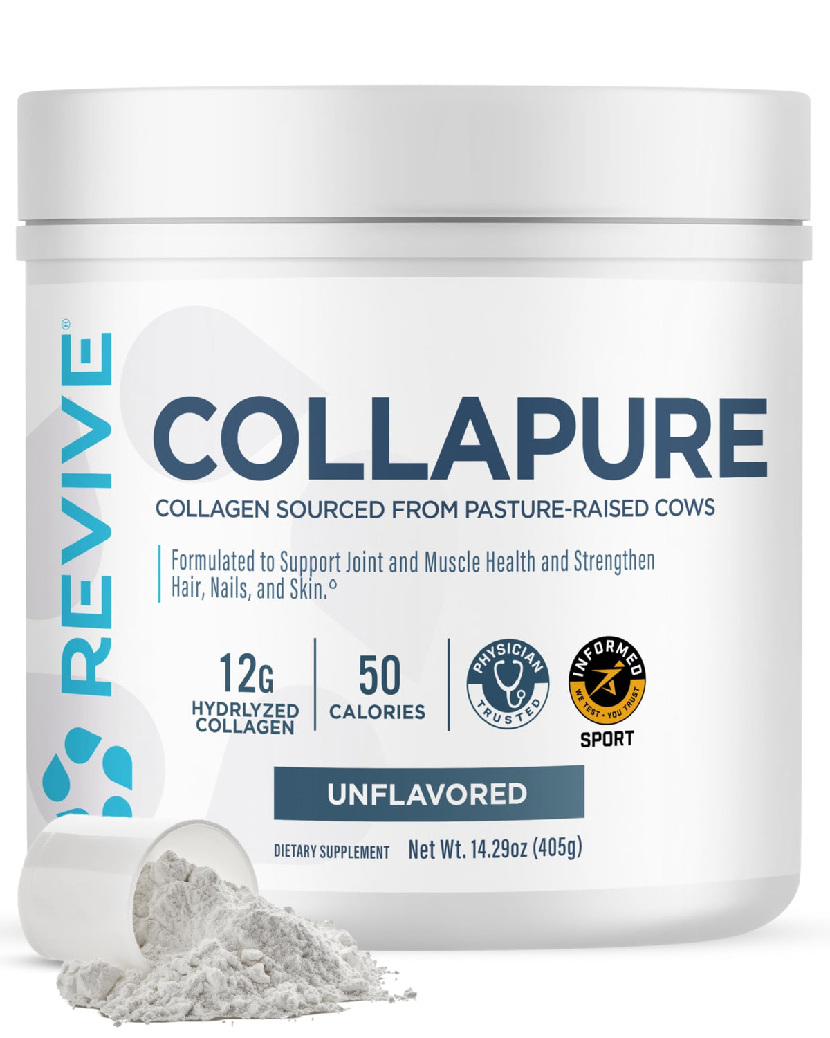 Revive MD CollaPURE powder tub with Type I and III collagen for daily support.