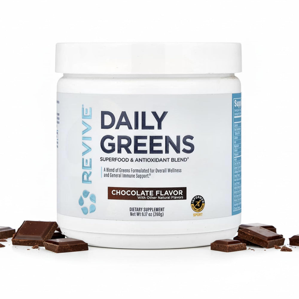 Revive MD Daily Green Powder chocolate bottle shown for convenient daily greens and energy support.