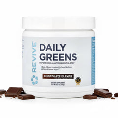 Revive MD Daily Green Powder chocolate bottle shown for convenient daily greens and energy support.
