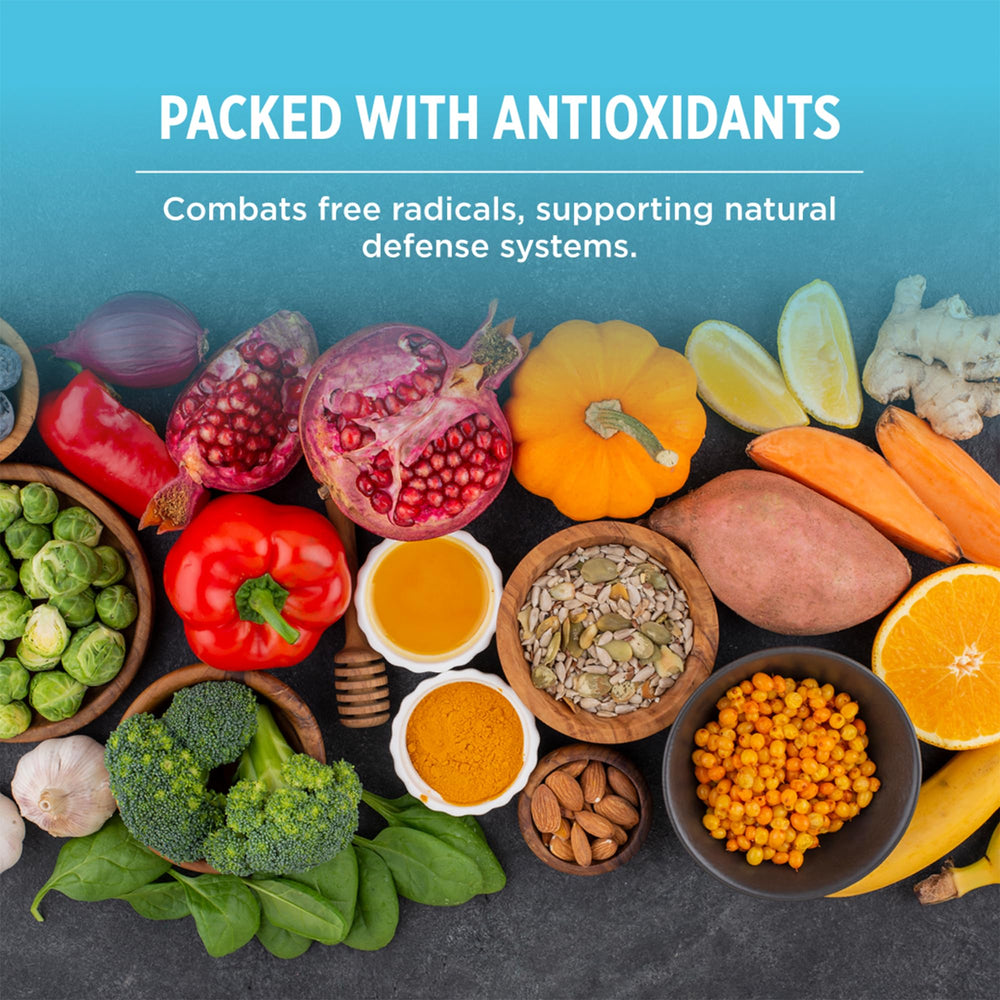 Revive MD ingredient blend poster featuring wheatgrass, spirulina, and chlorella visible.