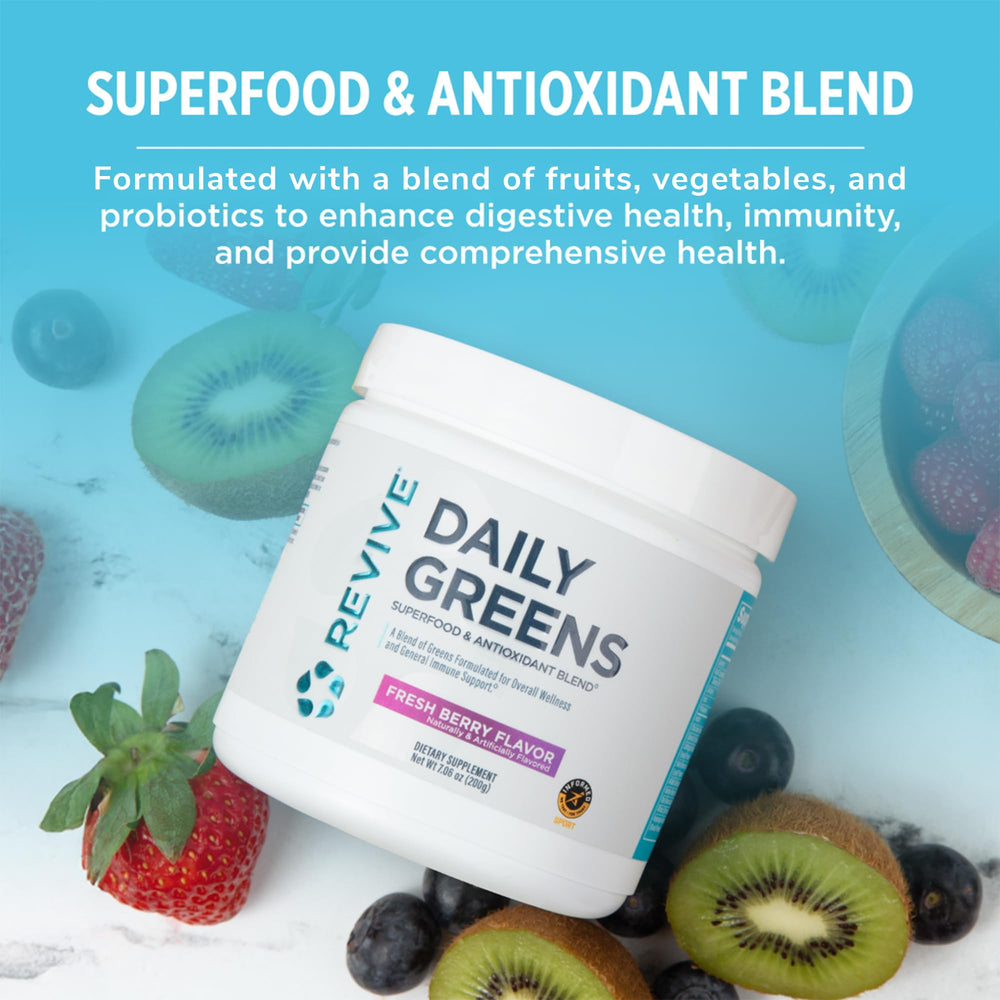 Revive MD Daily Green Powder Fresh Berry glass pour demonstrates quick hydration with nutrients.