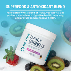 Revive MD Daily Green Powder Fresh Berry glass pour demonstrates quick hydration with nutrients.
