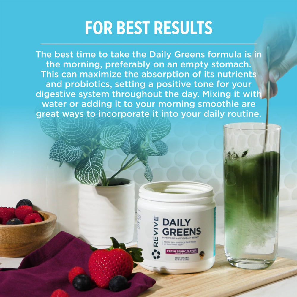 Revive MD Daily Green Powder Fresh Berry label closeup highlights vegan-friendly ingredients.