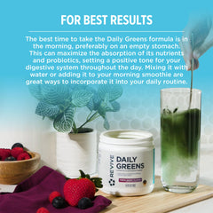 Revive MD Daily Green Powder Fresh Berry label closeup highlights vegan-friendly ingredients.