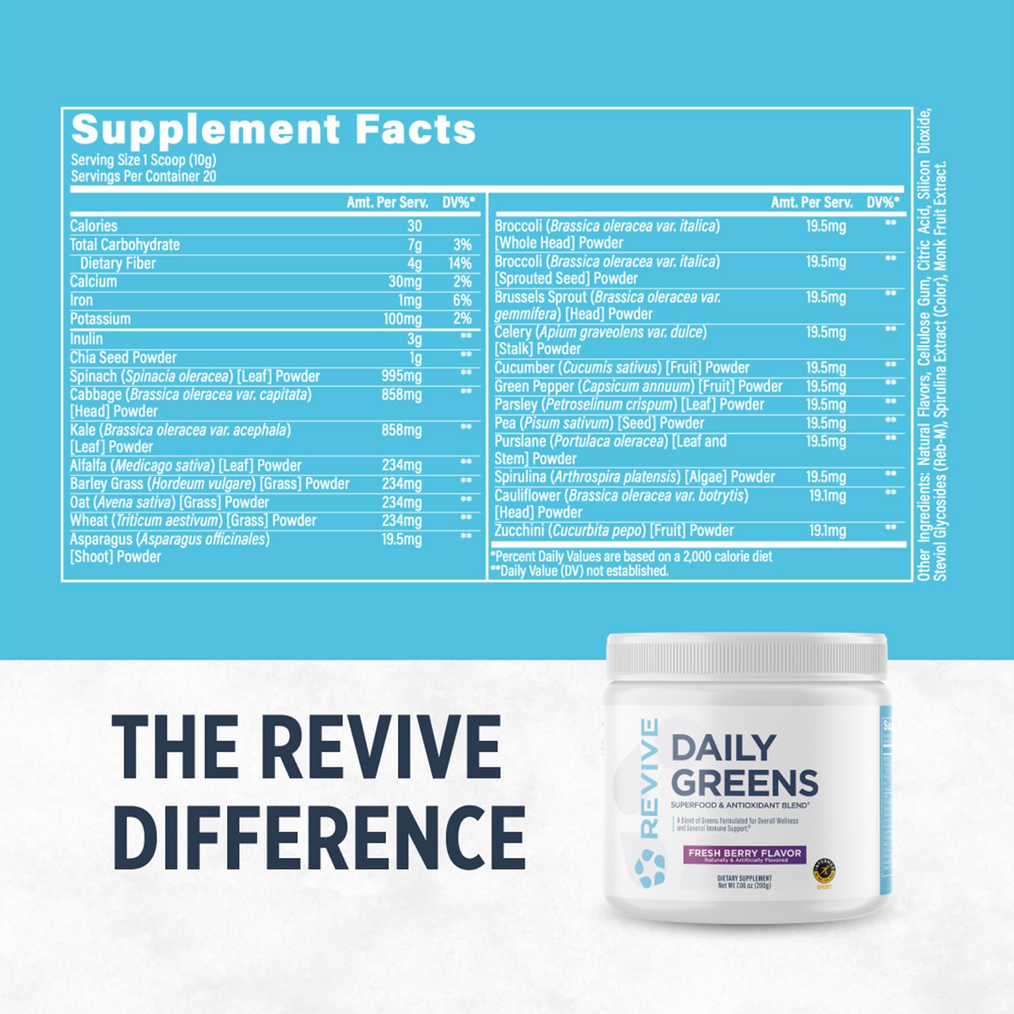 Revive MD Daily Green Powder Fresh Berry scoop for easy, single-serving energy boost.