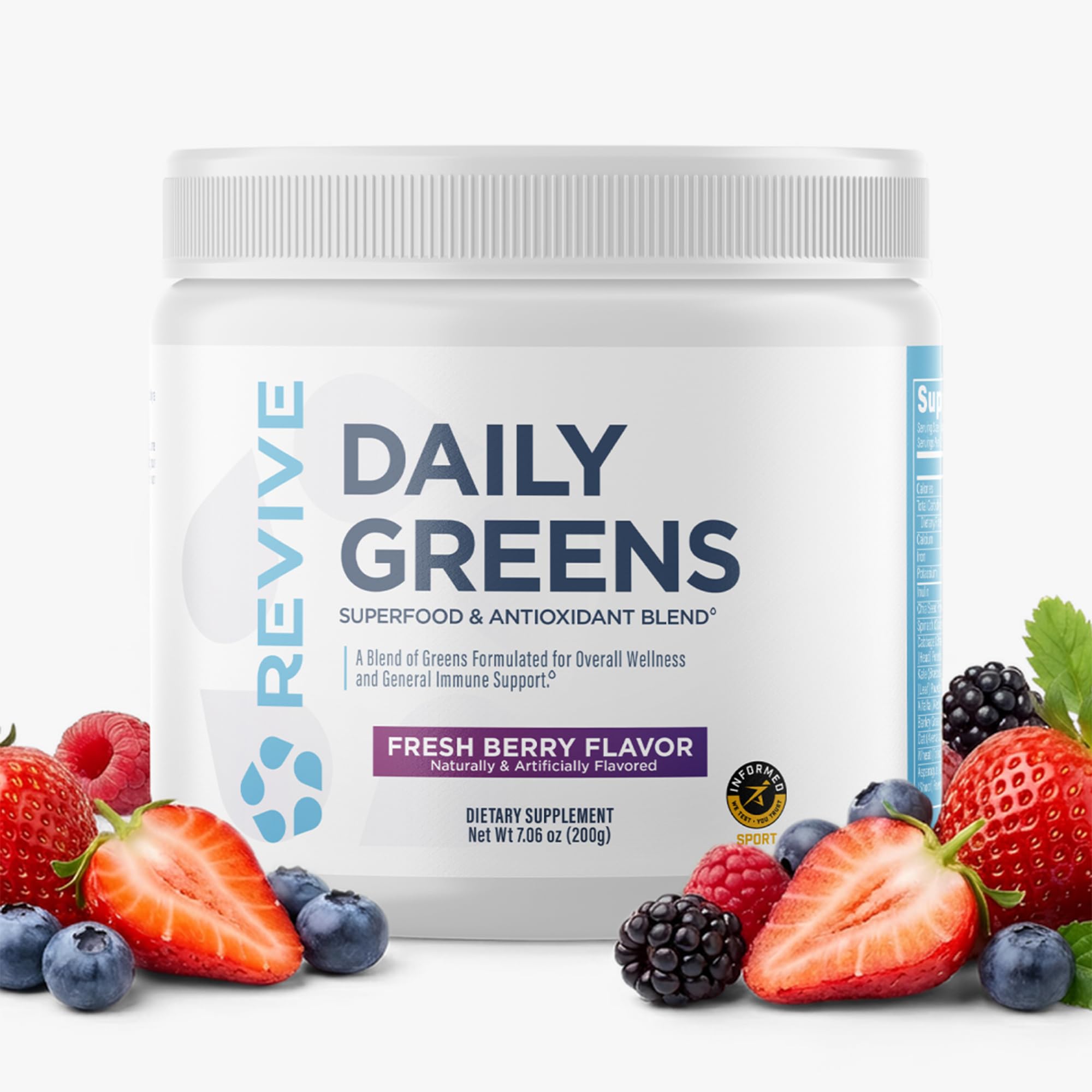 Revive MD Daily Green Powder Fresh Berry tub offers convenient daily greens for balanced nutrition.