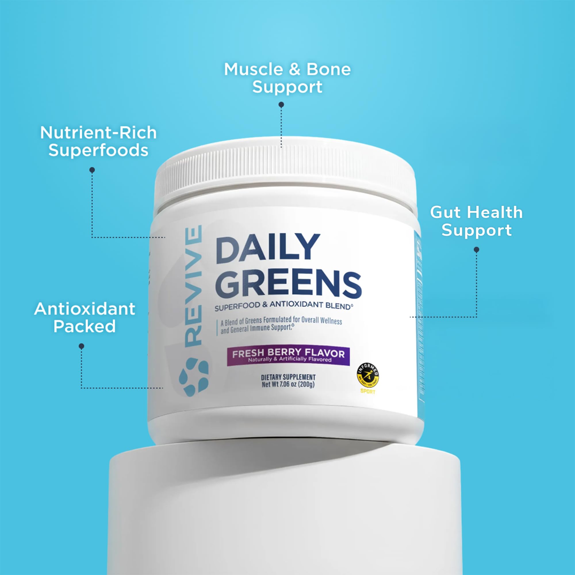 Revive MD Daily Green Powder Fresh Berry bottle highlights greens-rich ingredients.