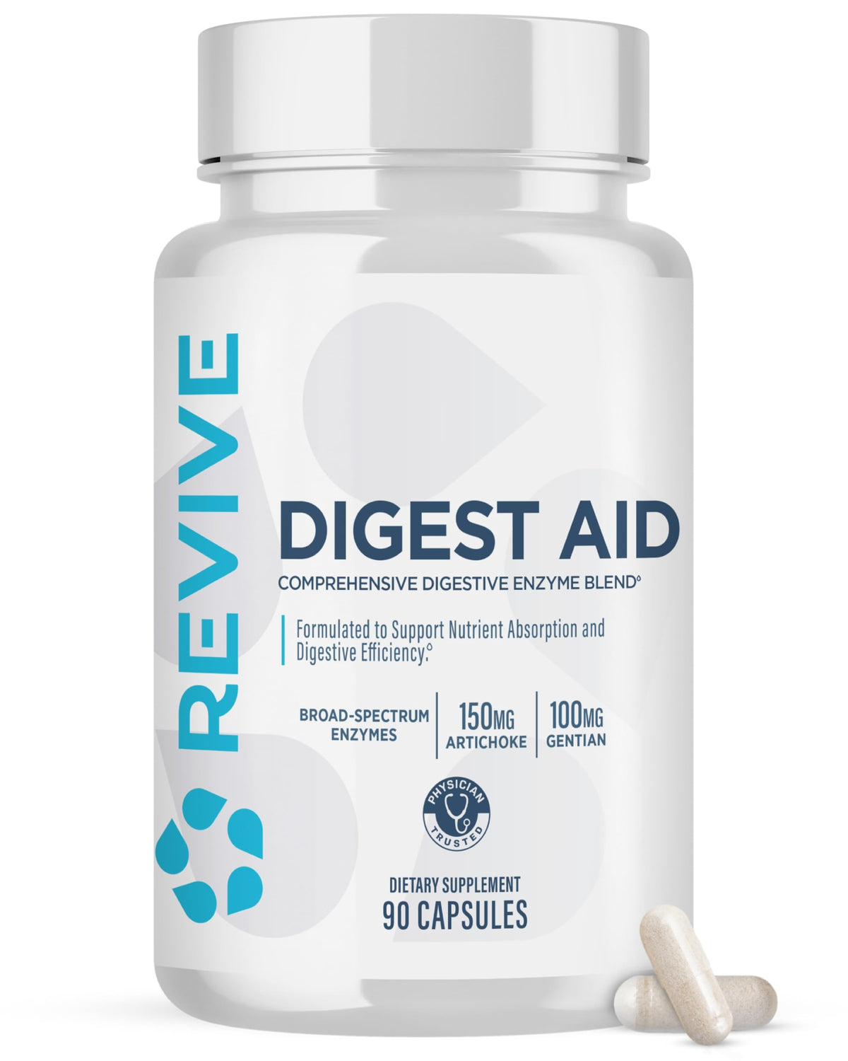 Revive MD Digest Aid capsules close-up for digestion support and nutrient absorption.
