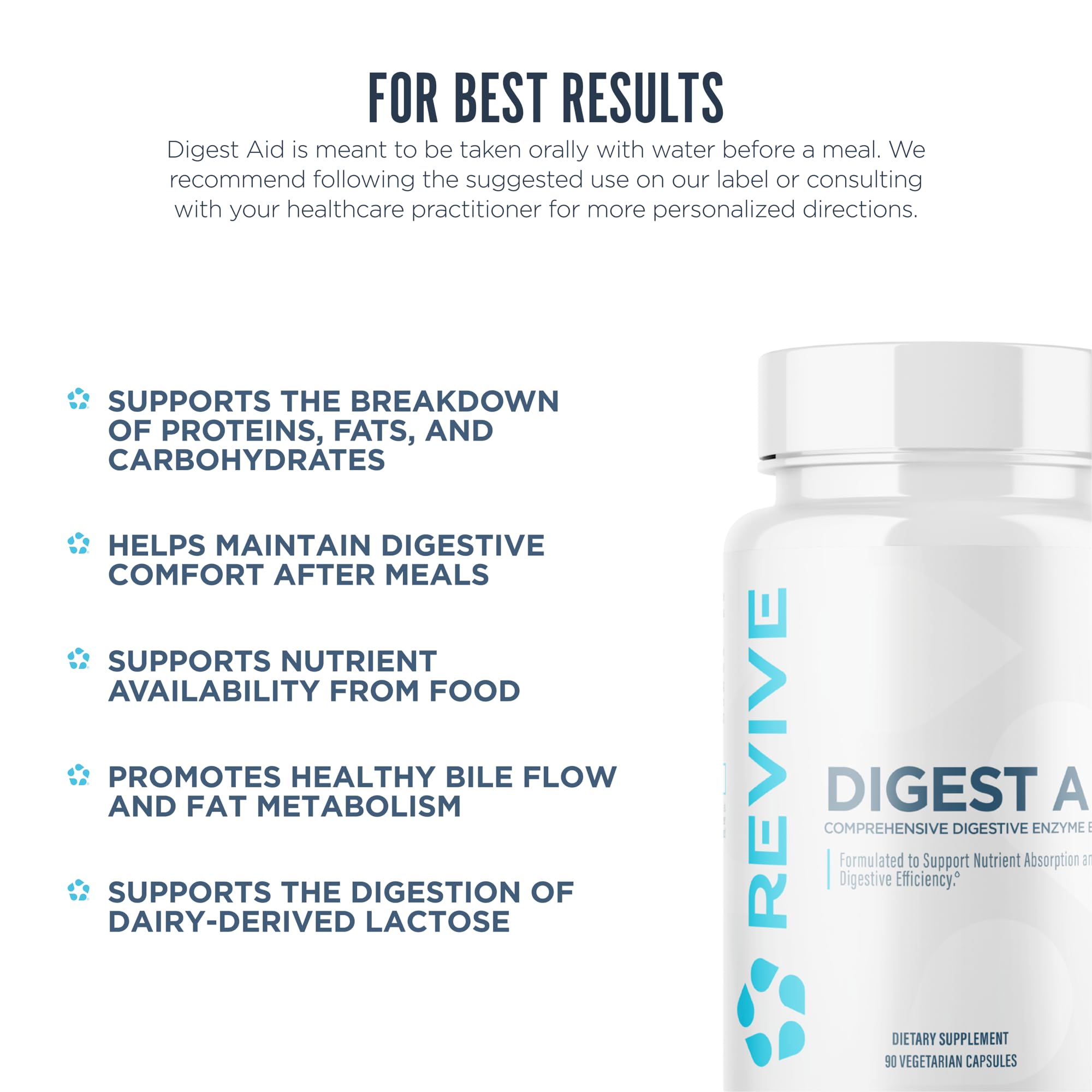 Revive MD Digest Aid probiotic and prebiotic blend promoting gut balance.