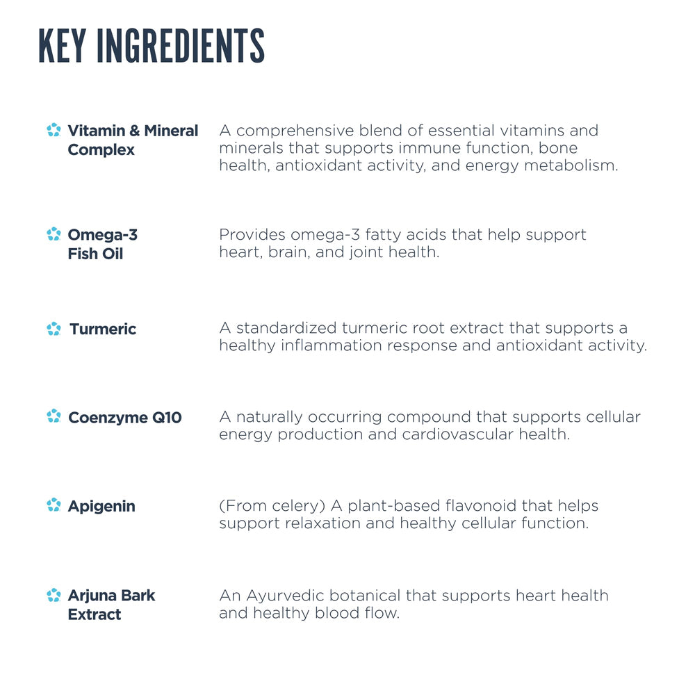 Revive MD VitaPack ingredients highlight Arjuna and Turmeric for antioxidant support.