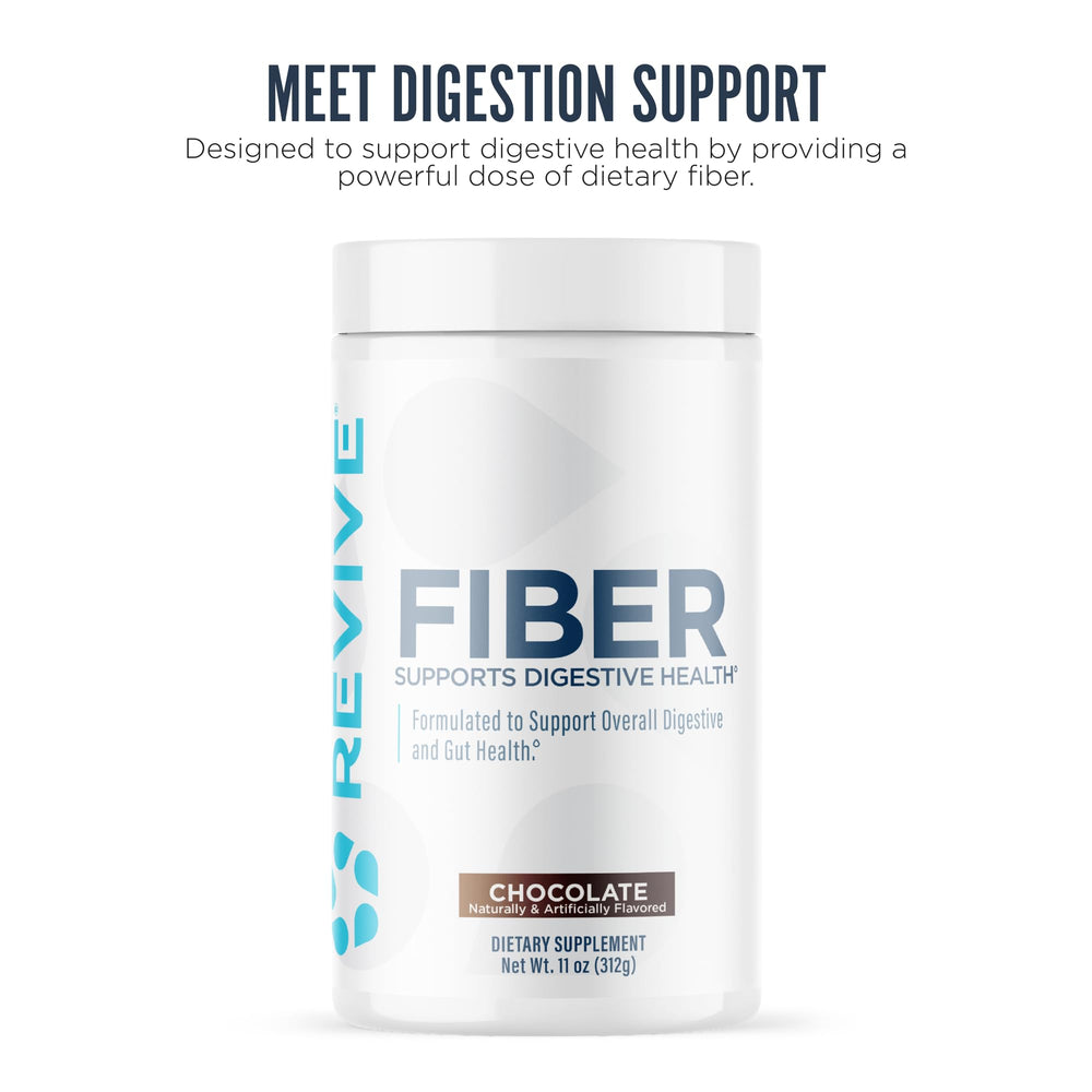 Revive MD Fiber chocolate powder being poured into a glass for digestion support