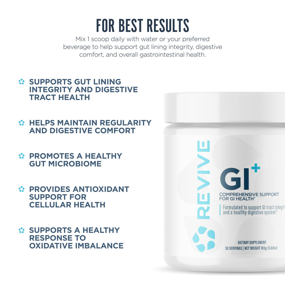 Revive MD GI Plus glass with water ready to dissolve powder for regularity.