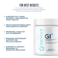 Revive MD GI Plus glass with water ready to dissolve powder for regularity.