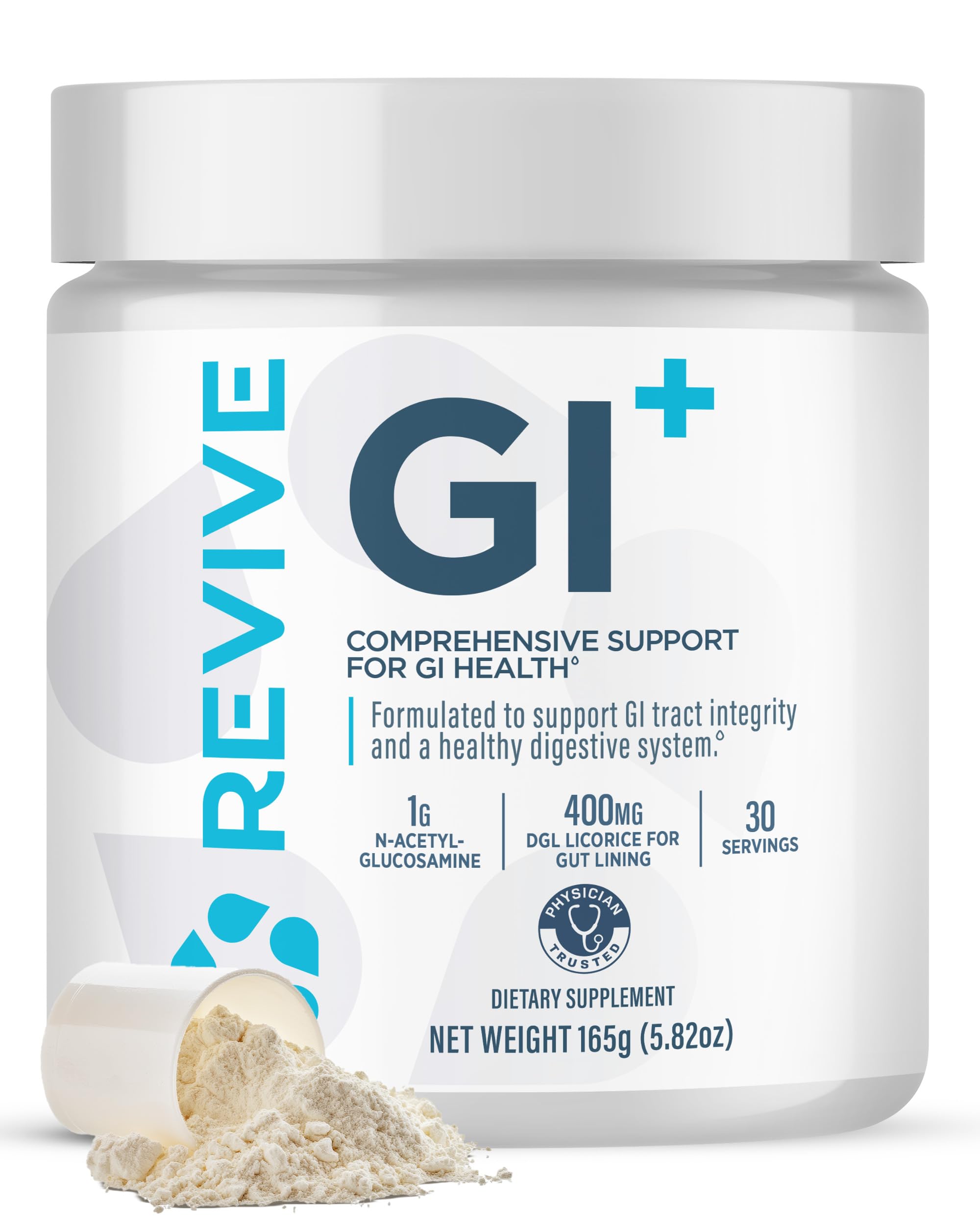 Revive MD GI Plus tub front shows vegan, gluten-free packaging for gut health support.