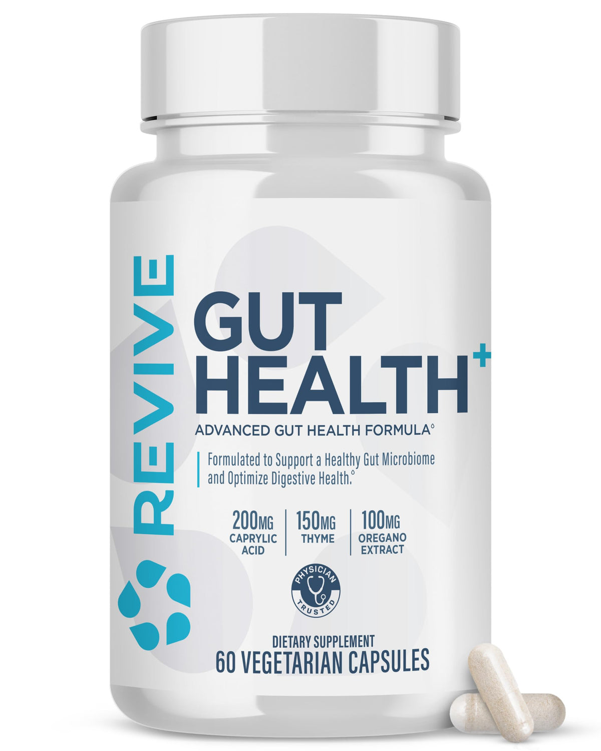 Revive MD Gut Health bottle cap and capsules for daily digestive support