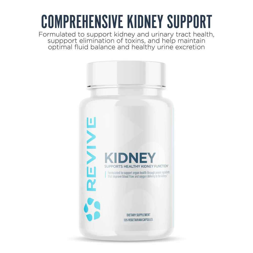 Revive MD kidney capsules close-up highlighting vegan formula.