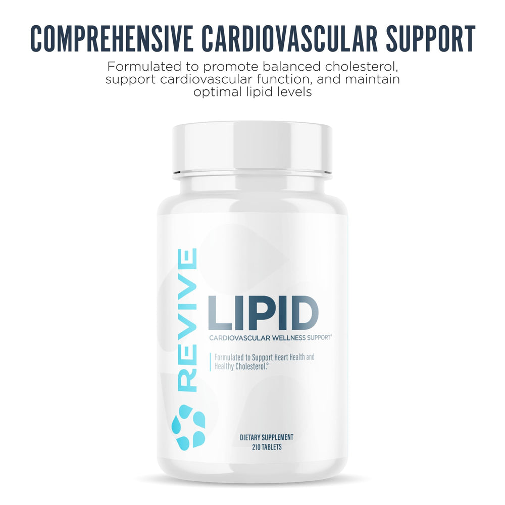 Close-up of Revive MD Lipid Support tablets for heart health support.