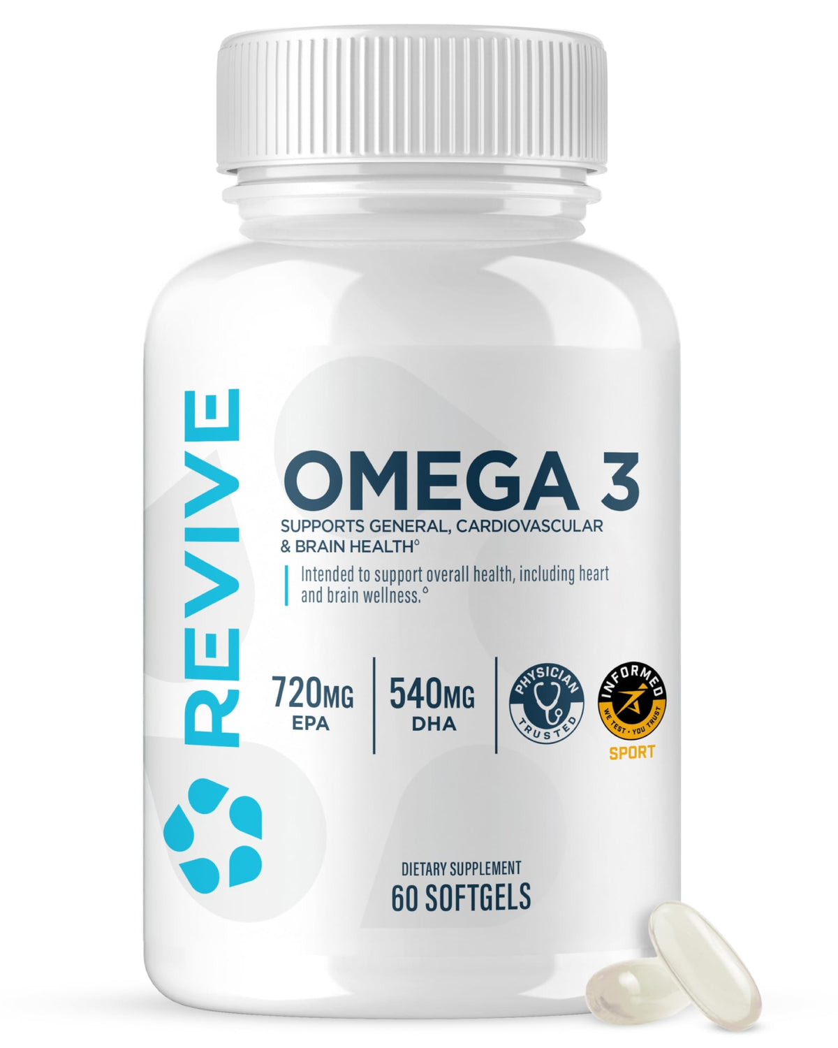 Revive MD Omega-3 bottle front for potential heart and brain support