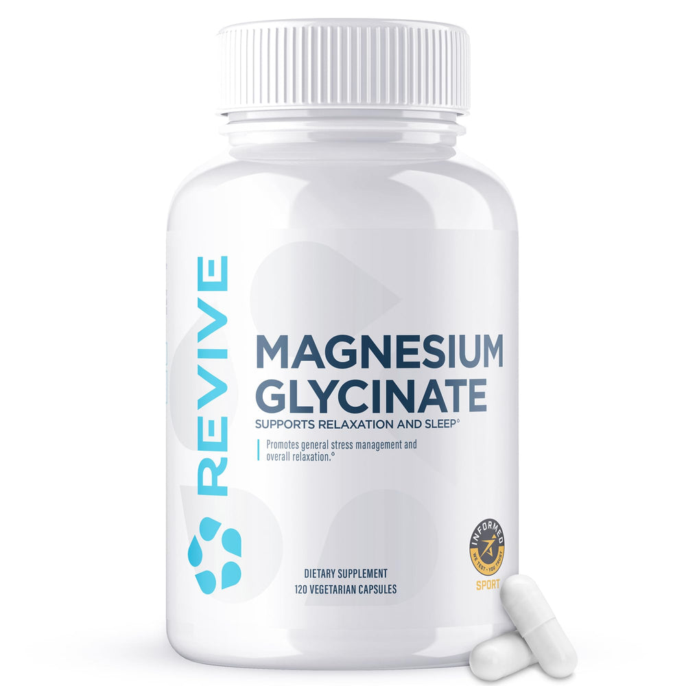 Revive MD Magnesium Glycinate bottle closeup showing high absorption formula for relaxation