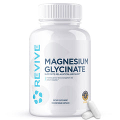 Revive MD Magnesium Glycinate bottle closeup showing high absorption formula for relaxation