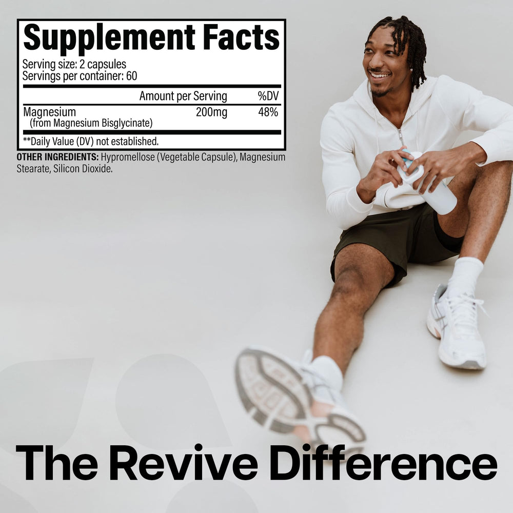 Revive MD Magnesium Glycinate capsules pack highlighting 60 servings for nerve and muscle support