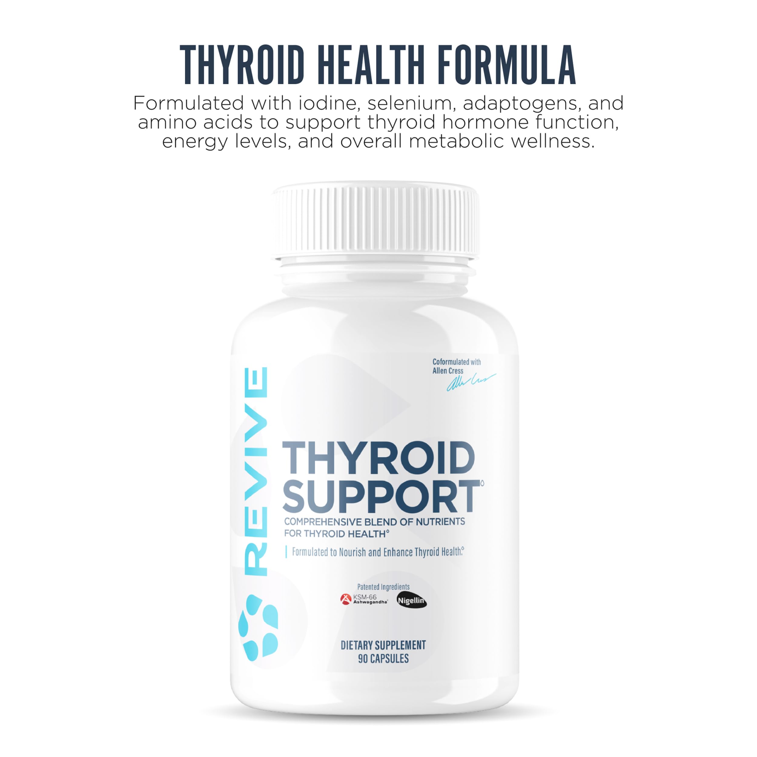 Revive MD Thyroid Support bottle back shows ingredient highlights for informed supplementation.