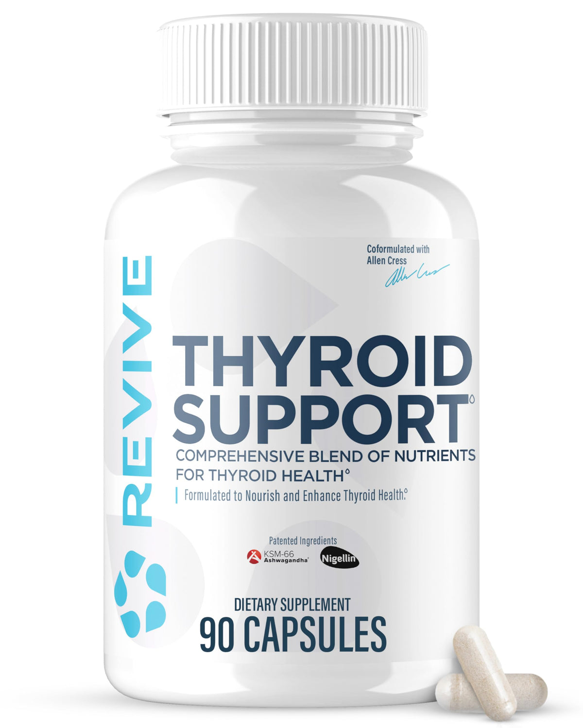 Revive MD Thyroid Support bottle front view with convenient capsules for daily wellness.
