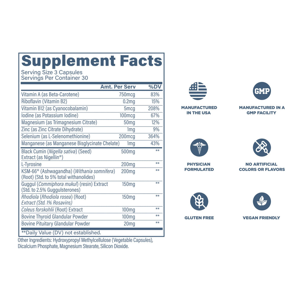 Revive MD Thyroid Support daily-use scene suggests simple three-capsule routine.