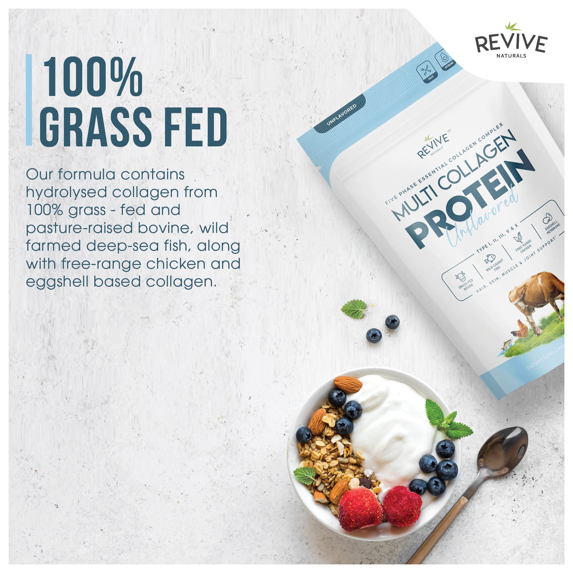 Revive Naturals collagen being stirred into coffee or tea for daily protein boost.