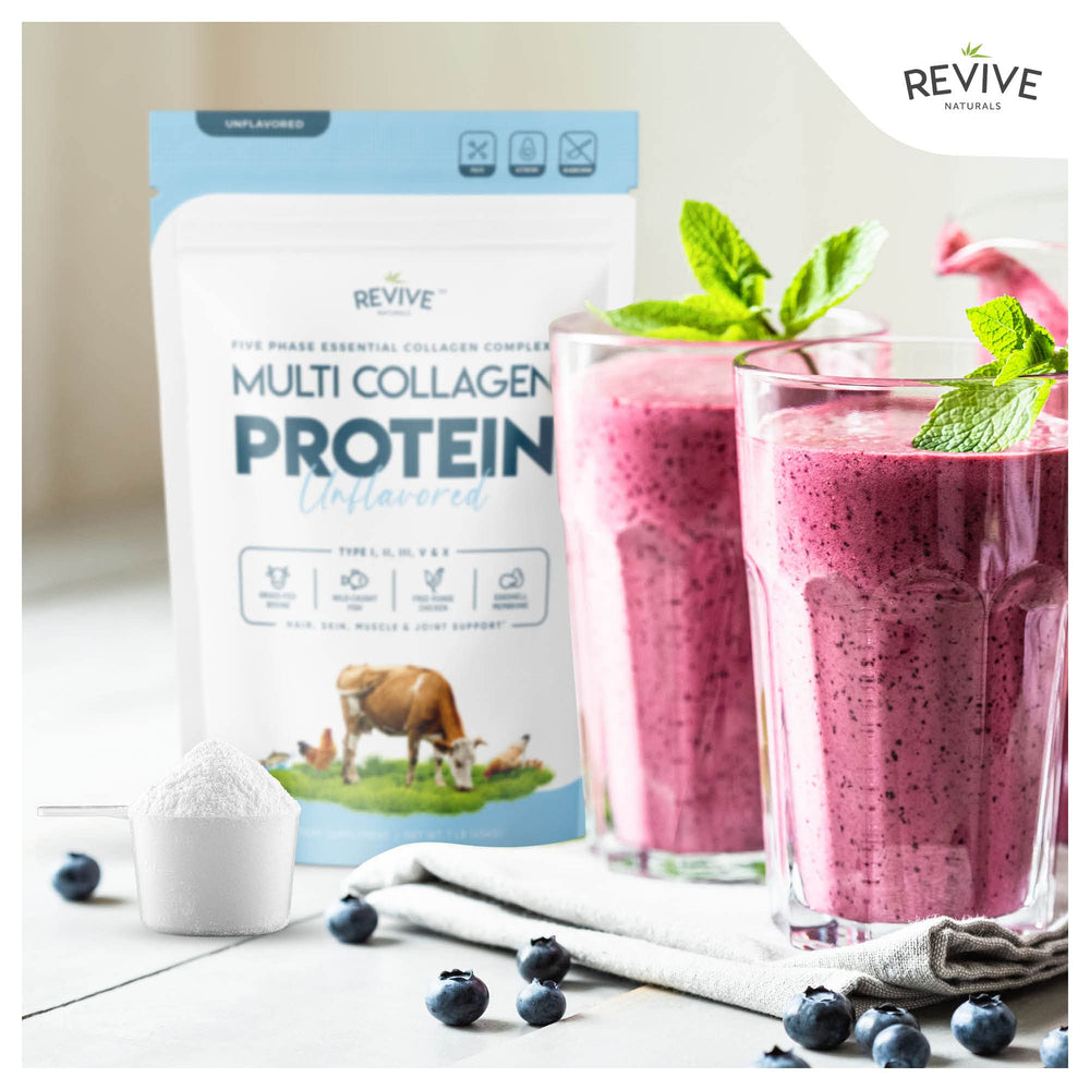Revive Naturals grass-fed bovine collagen powder for premium absorption and potency.