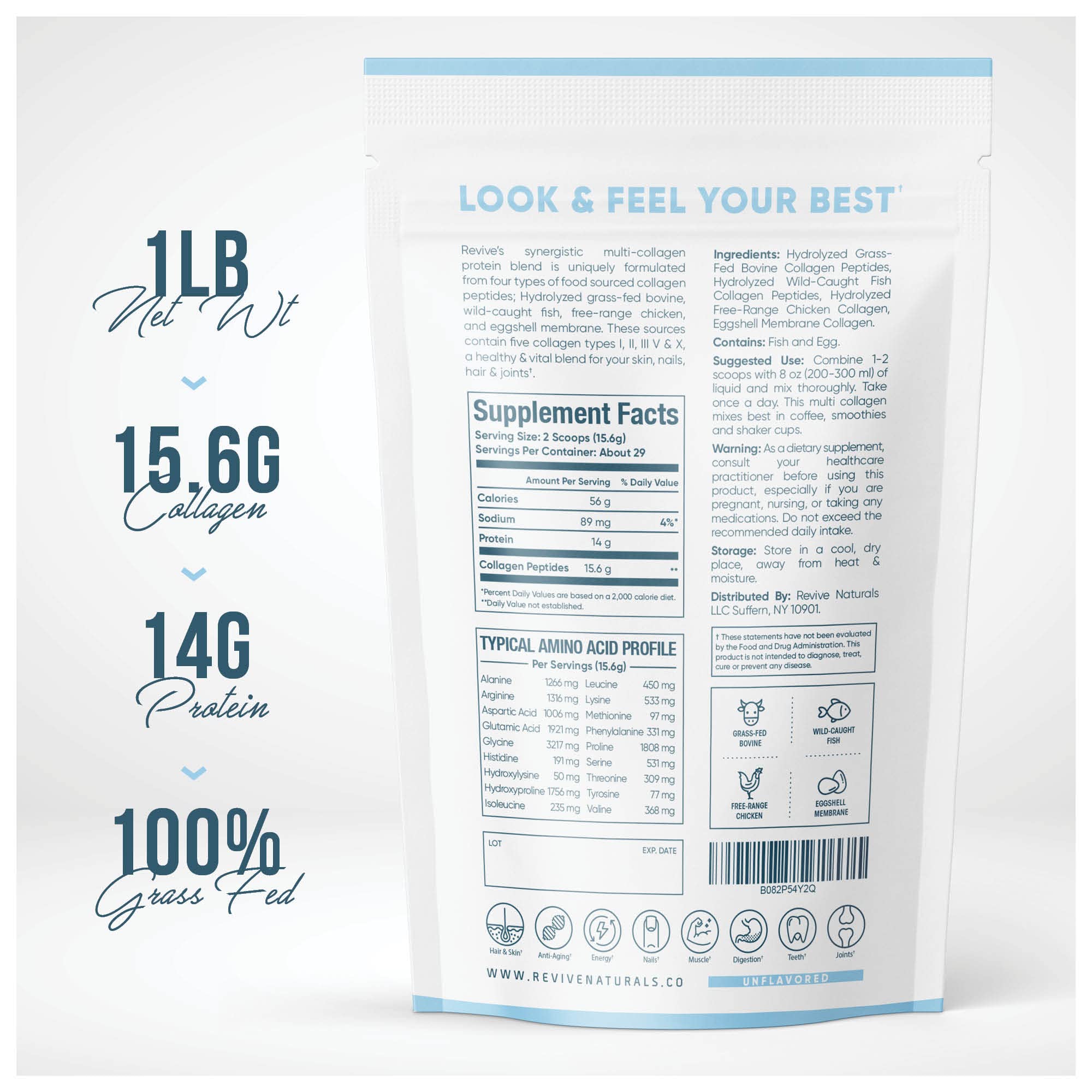 Revive Naturals label closeup highlighting clean, ethically sourced ingredients for aging support.